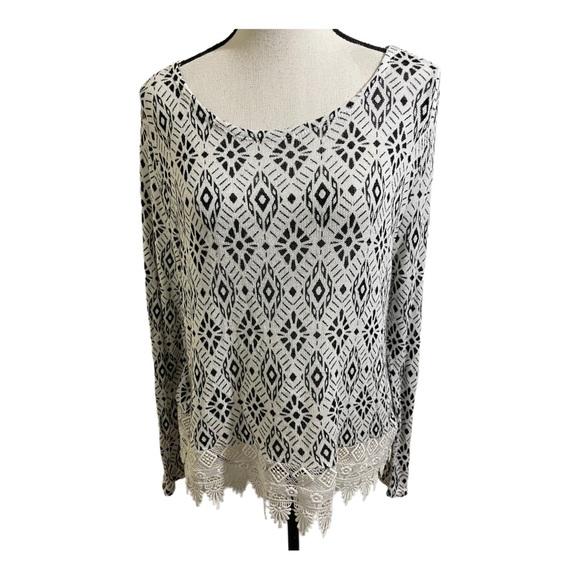 H&M lace hem black white sweater diamond pattern crocheted lace trim Large - Picture 2 of 11